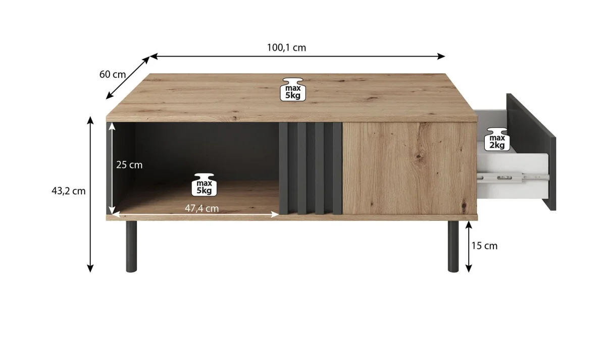 Marcos - Salontafel met lade - Eiken/antraciet - Afbeelding 5